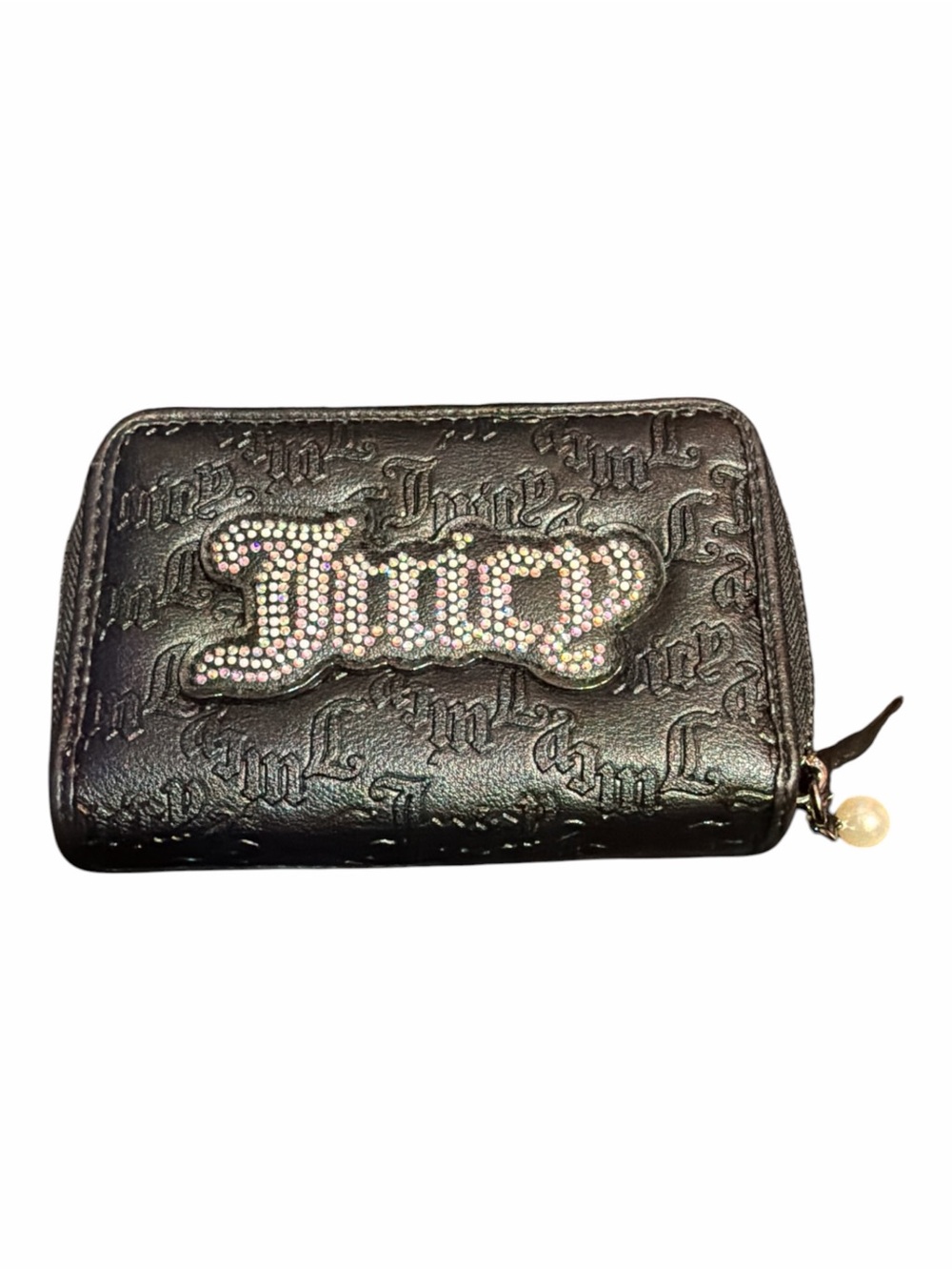 Juicy Couture Black Embossed Double Zip Wallet Iridescent Rhinestone Logo